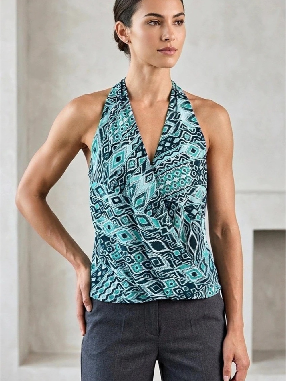New York & Company Geometric Halter Tank in Blue & Green XL Like New